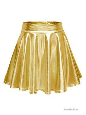 Shiny Metallic Wet Look Stretchy Flared Mini Skater Skirt